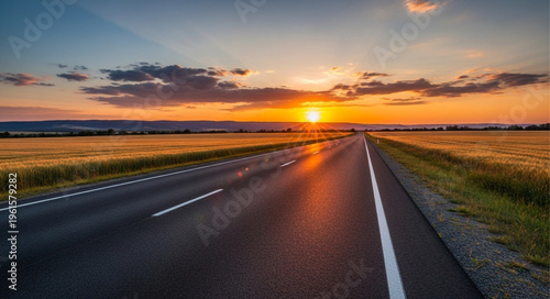 Sunset on Empty Highway Road.