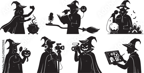 Halloween Witches in Various Spooky Poses and Activities Silhouette