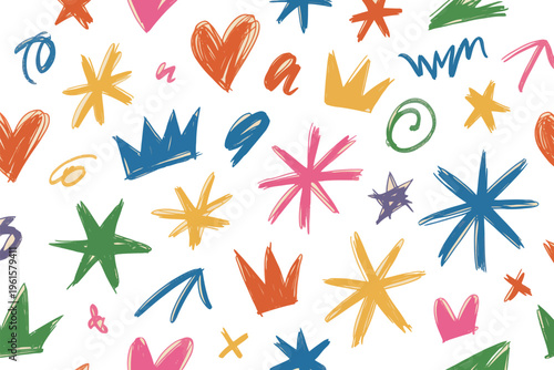  A whimsical pattern fills the frame with a variety of colorful hand-drawn shapes and symbols for a fun look. 