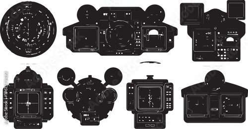 Camera viewfinder and LCD screen silhouettes on white background