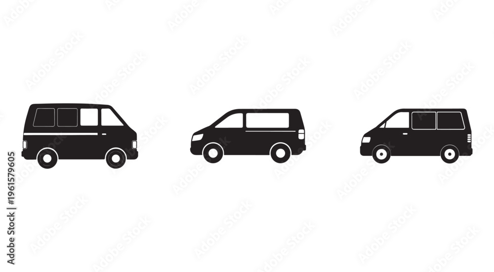 Fototapeta premium Three black van silhouettes in different angles on white background for transportation or vehicle concept