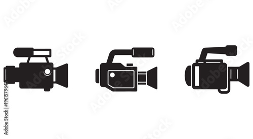 Three black video cameras with microphones on top for recording and filming  various camera styles and designs  electronic devices for capturing video