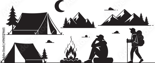 Camping in the Mountains Silhouette Vector Illustration