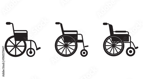 Three black wheelchair icons in different positions on white background for accessibility symbols  disability awareness  mobility aids
