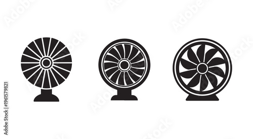 Three different fan designs with various blade styles and shapes on white background  electric fans  cooling devices