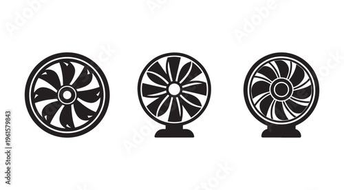 Three different fan designs with various blade styles and stands  black silhouettes on white background