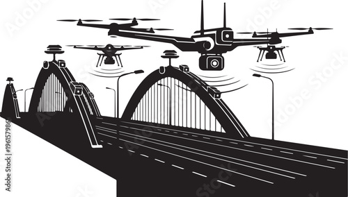 Drones flying over a bridge with road and streetlights