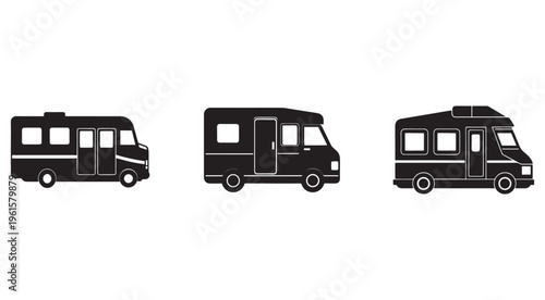 Three different motorhome designs in a row for travel and recreation purposes  recreational vehicles with various window and door configurations