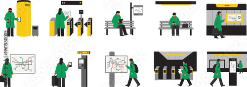 Public transport metro station scenes with passengers using ticket machines, turnstiles, maps and platforms vector illustration set for urban transit system design