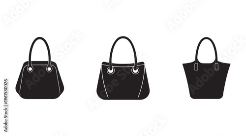 Three different types of handbags in black color with white lines on white background  handbag designs