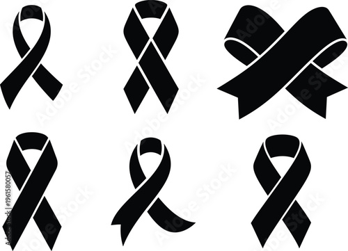 Set of Black Awareness Ribbons in Various Styles Symbolizing Mourning Remembrance Support Melanoma Cancer Awareness Solidarity Memorial Icons Isolated on White Background Vector Illustration Design