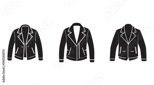 Three different views of a black jacket with white outlines  front and back and side  isolated on white background