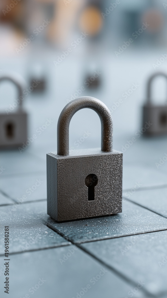 Naklejka premium Secure Network: A close-up view of multiple padlocks arranged on a tiled surface, symbolizing security, privacy, and protection in a digital world. 