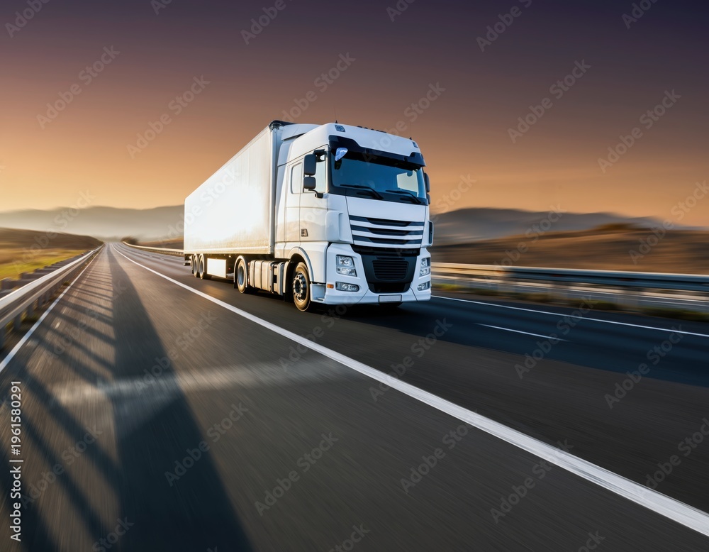 Obraz premium White semi trailer truck traveling on a long empty highway during a dramatic sunset with distant hills and blurred motion effect