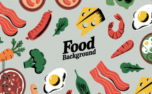 This image is a busy and colorful collage featuring a wide variety of food ingredients and prepared dishes. 