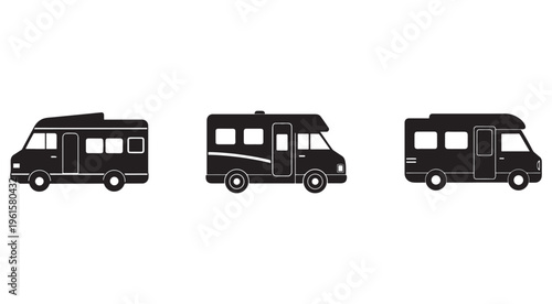 Three motorhome vehicles in silhouette  recreational vehicle icons  travel trailers  campers  RVs  road trip transportation