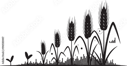 Black Silhouette of Wheat and City Skyline at Sunset