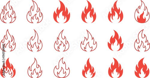 Fire Flame Icon Vector Set Featuring Red and Outline Flames, Heat Symbols, Burning Elements, and Abstract Fire Shapes for Warning and Design Use