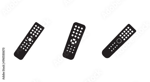 Three remote controls with various button layouts on white background for design and technology concepts