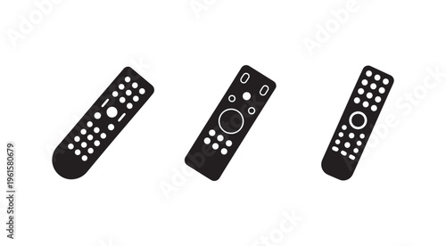 Three remote controls with various button layouts on white background for technology and electronics concept