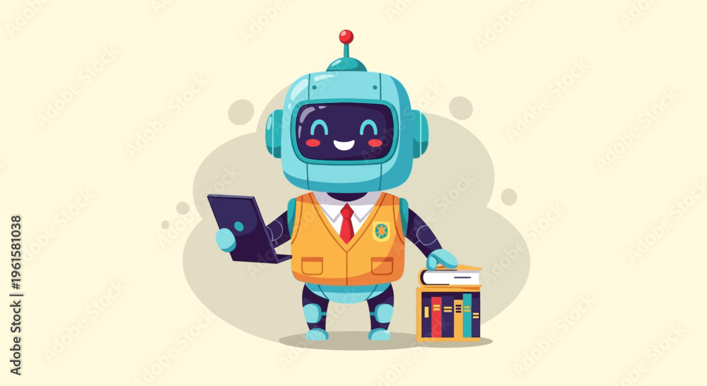 Naklejka premium Cute Robot with Laptop and Books, Education and Technology Concept