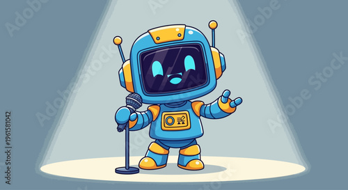 Cute robot singing on stage with microphone, spotlight, pixel art style