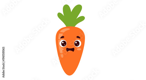 Cute surprised carrot character with big eyes and green leaves, isolated on white background