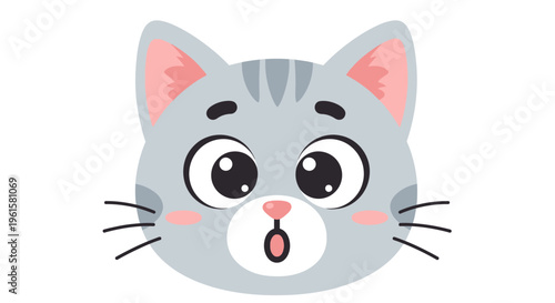 Cute surprised cartoon cat face, big eyes, kawaii style, grey tabby, pink cheeks, illustration