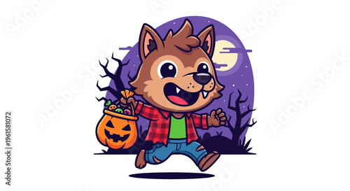 Cute werewolf trick-or-treating with candy in a pumpkin bucket on Halloween night