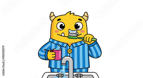 Cute yellow monster brushing teeth with toothbrush and toothpaste, holding cup by sink
