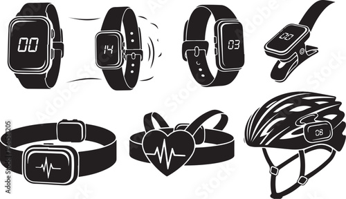 Collection of smartwatches and fitness trackers in black and white