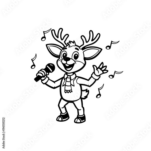 A cartoon reindeer with antlers wearing a scarf and holding a microphone, singing with musical notes around it.
