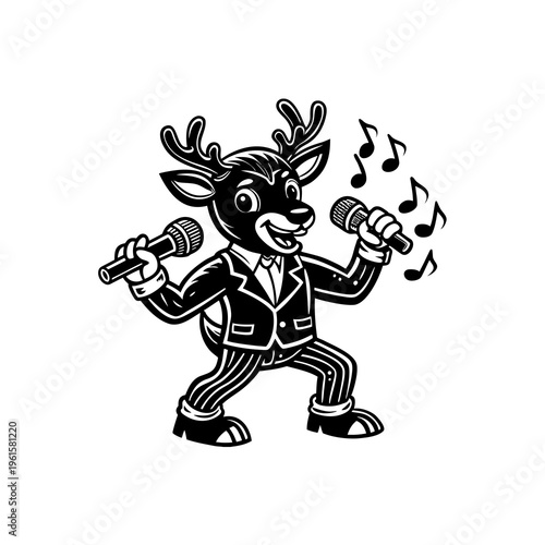 A cartoon deer wearing a suit and tie, enthusiastically singing into two microphones with musical notes floating around its head.