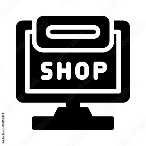 Black shop icon with computer screen for online shopping. Perfect for e commerce websites, online stores, digital marketing materials, and technology graphics.
