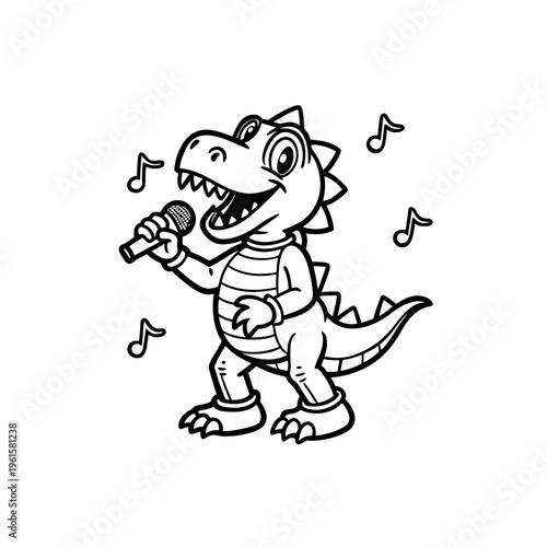 A cartoon dinosaur singing into a microphone with musical notes around it.