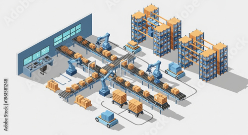 Automated Factory Assembly Line with Robotic Arms and Conveyor Belts.