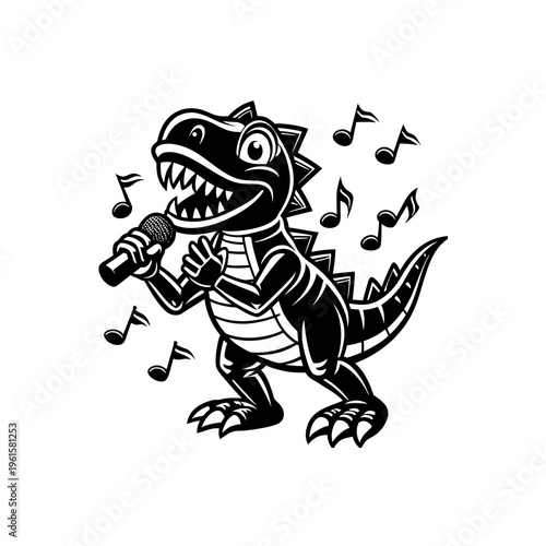 A black and white cartoon illustration of a T-Rex dinosaur singing into a microphone with musical notes surrounding it.