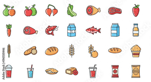 Diverse Food Icons - Fruits, Meats, Dairy, and Grains Illustration.
