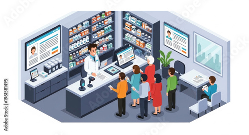 Pharmacy Interior with Pharmacist and Customers at Counter.