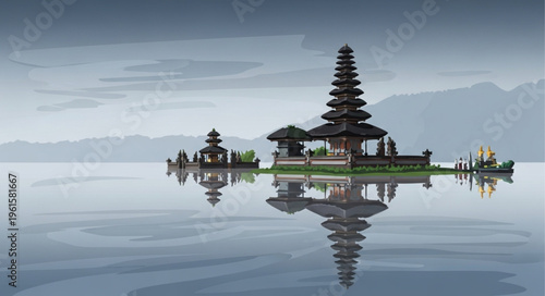 Serene Ulun Danu Beratan Temple Reflection in Calm Lake, Bali.