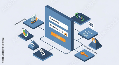 Isometric Login Interface with Security Icons for Secure Access.