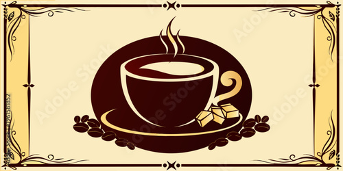 A decorative illustration of a steaming cup of coffee with sugar cubes