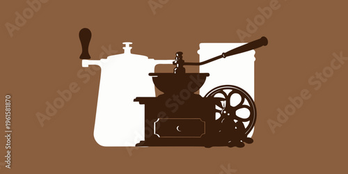 Vintage coffee grinder illustration against a warm brown background