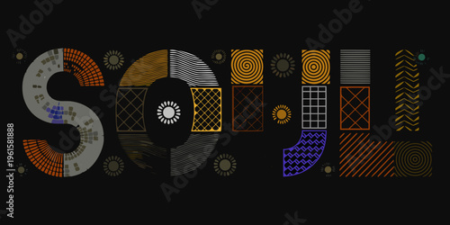 The word soul creatively illustrated with diverse patterned letter forms