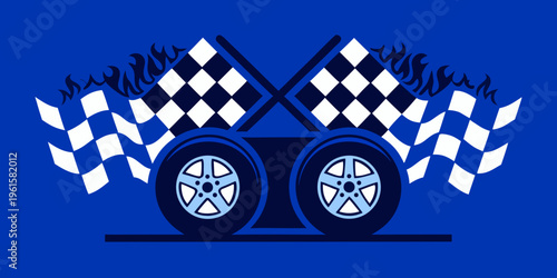 Racing illustration featuring checkered flags wheels and vibrant blue background