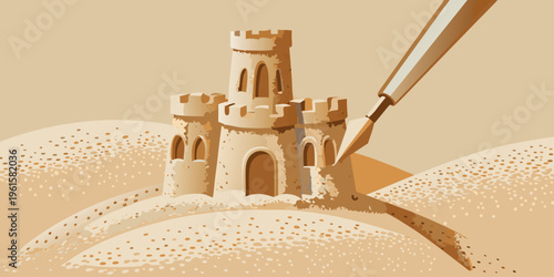 A detailed sandcastle is being constructed with a small shovel