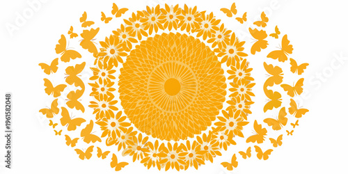 A vibrant orange floral mandala surrounded by fluttering butterflies