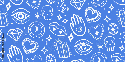 A vibrant blue background filled with whimsical hand drawn mystic symbols