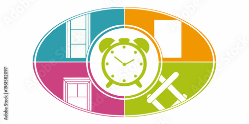 Colorful circular design featuring a vintage alarm clock and room elements