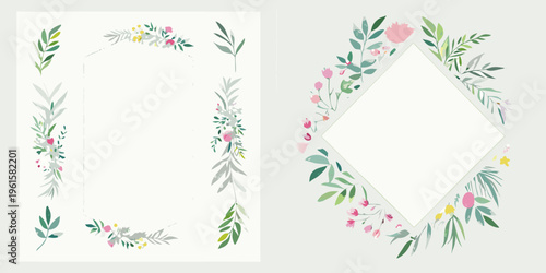 Floral frame designs with delicate leaves and small pink blossoms